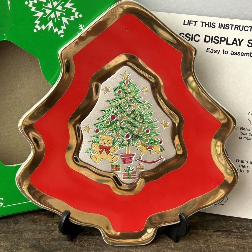 Jamestown China Christmas Chokin Decor Plate Tree Shape Red Gold Japan + Stand